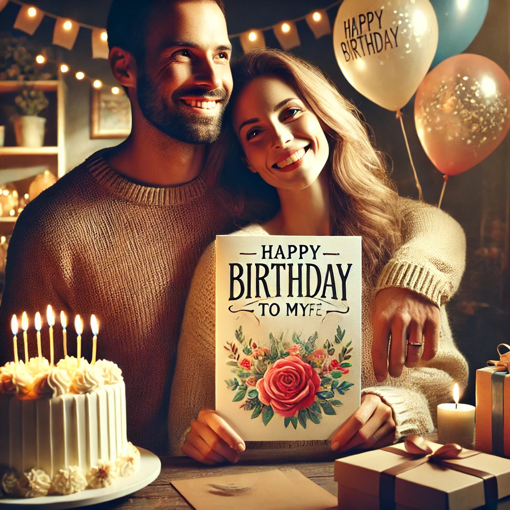 A romantic scene of a couple celebrating a birthday, with the husband holding a 